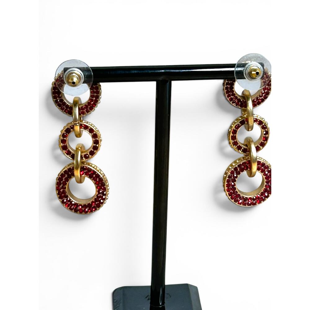 Vintage Gold Tone Red Rhinestone Pavé Triple Link Circles Dangle Drop Earrings